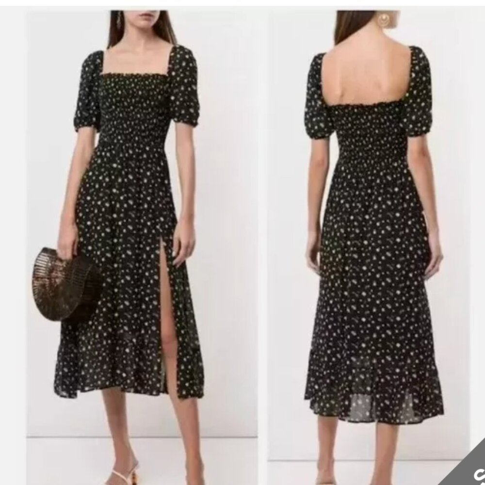 Reformation Meadow Floral Print Midi Dress Slit Smocked Puff Sleeve Black XS